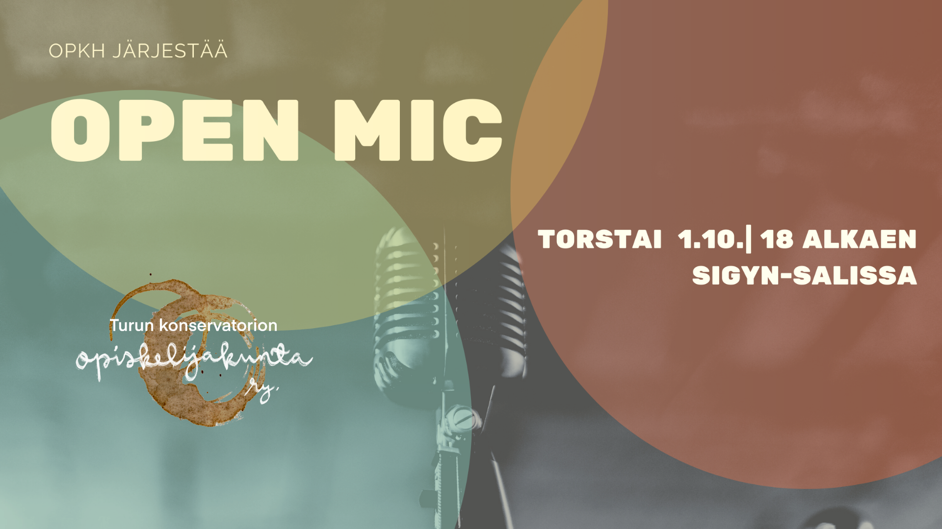 Openmic-tapahtuman mainosjuliste Turun konservatorion opiskelijakunta ry:n logolla.